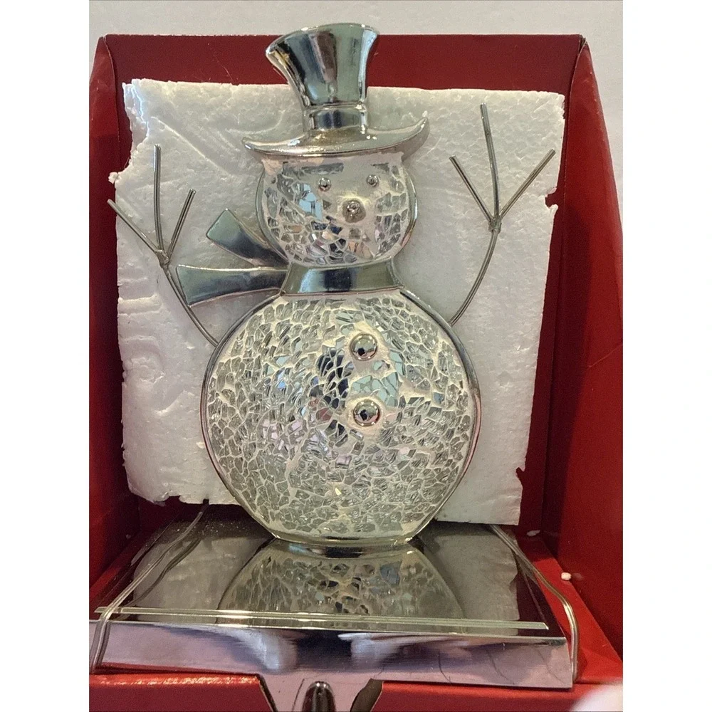 Chrome Silver White Mosaic Snowman Metal Stick Arms‎ Stocking Holder Hanger